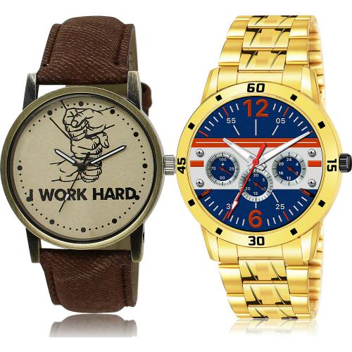 GROOT Modish Stylish I Work Hard And Gold Chain Brown And Gold Colour Analog Genuine Leather And Stainless Steel Belt 2 Watch Combo For Boys And Men - BL46.29-(18-S-21)