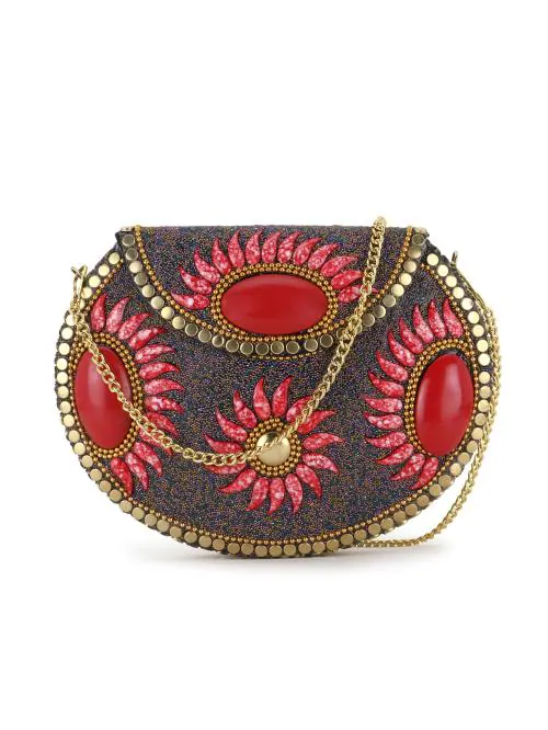 Anekaant Mosaic Red, Gold & Multi Metal Embellished Clutch