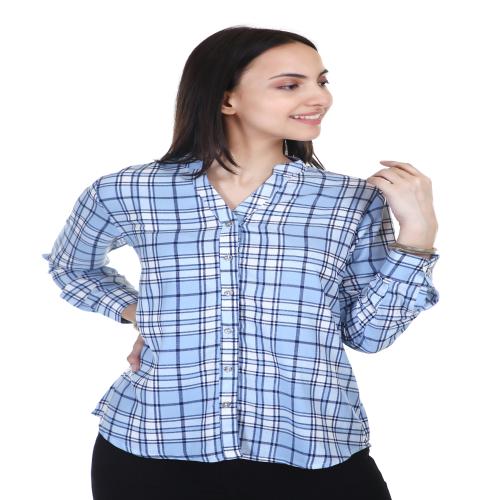BE DRESSED STYLISH WOMEN CHECK PRINT SHIRT WITH V NECK LINE AND BEND NECK LIGHT BLUE COLOR CASUAL WEAR