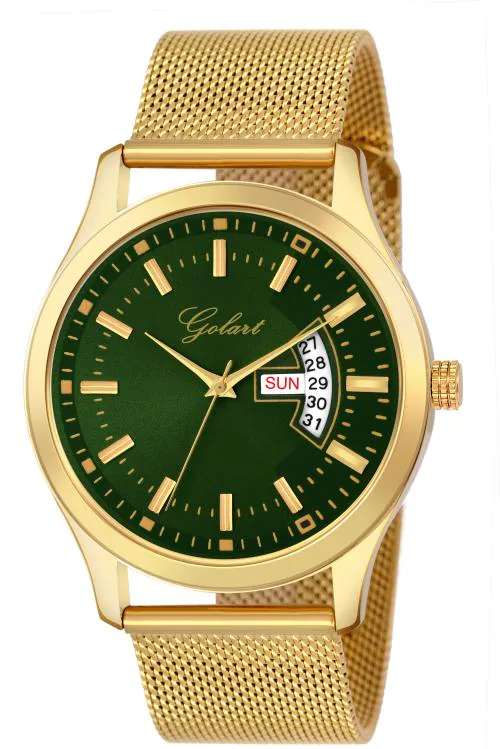 Golart GT-9085 Green Dial With Golden Shaffer Chain Analog Watch - For Men & Boys