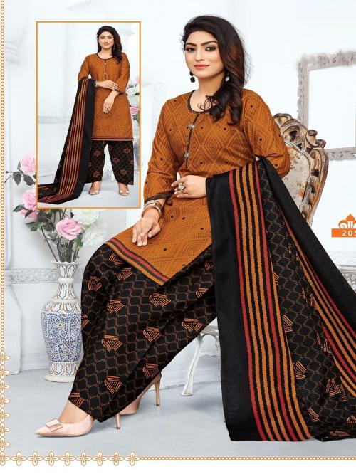 LABEL DE VEDA Traditional Brown Cotton Unstitched Printed Women's Salwar Suit Dress Material with Dupatta