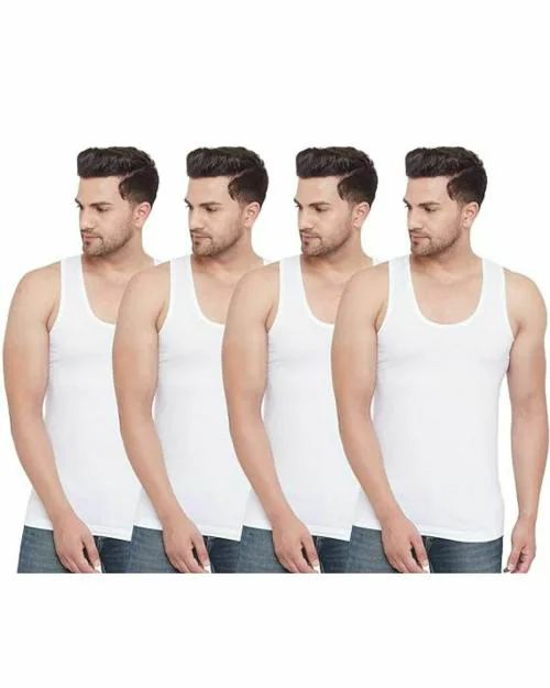 CREPEON 100% Cotton Men's Sleeveless Vest | Pack of 4 | White| White| S
