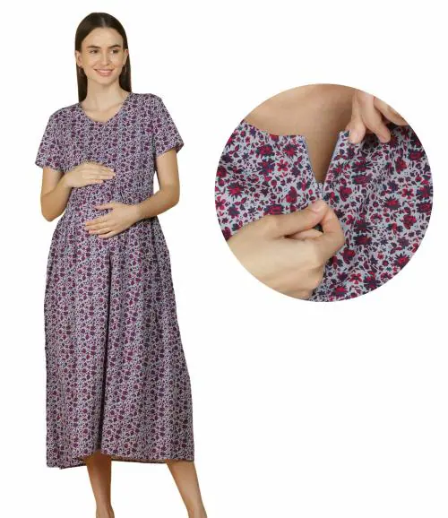 Morph Maternity | Dress For Pregnant Women Daily Use | With Hidden Vertical Zip For Easy Breastfeeding | Fits During Pregnancy & Post Pregnancy | Soft Cotton | One Side Pocket | Navy Blue | XXXL