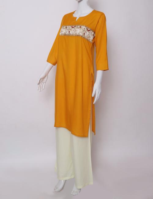 Rosina Fashion & Accessories Women's Rayon Front Patch Work Kurti Palazzo Set With Dupatta ( 3/4 sleeves )