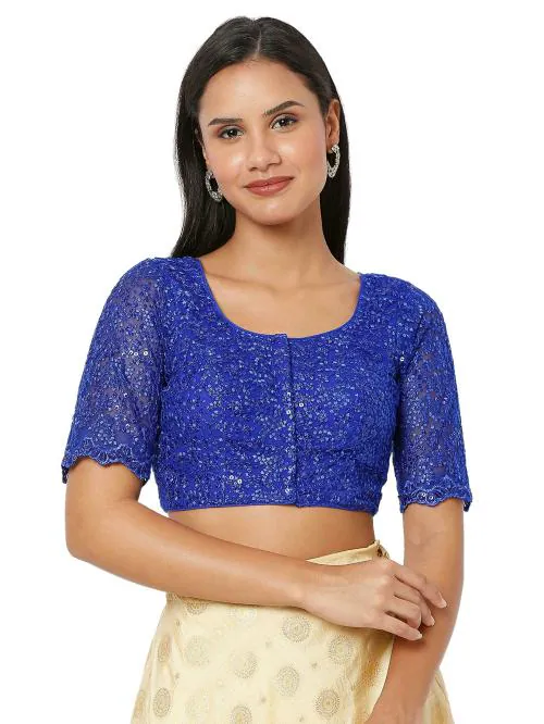 Salwar Studio Women's Royal Blue Net Embroidered Readymade Saree Blouse