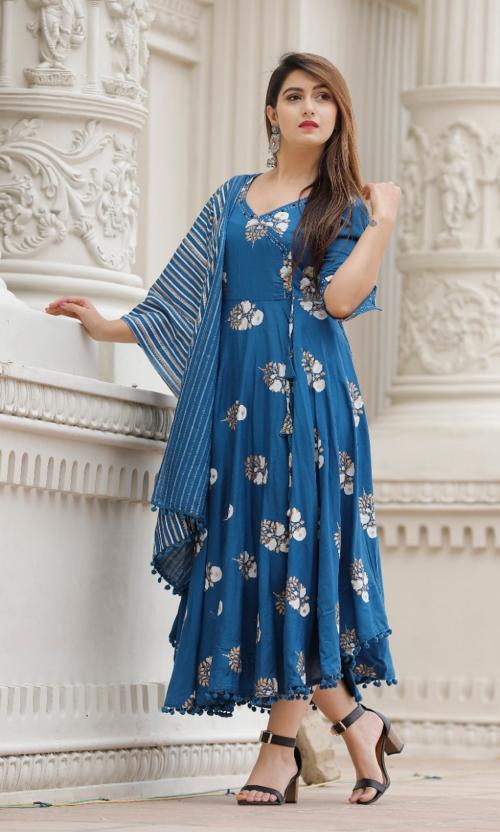 Mintmarie Women's Blue Angrakha Anarkali Kurta Dupatta Set (3XL)