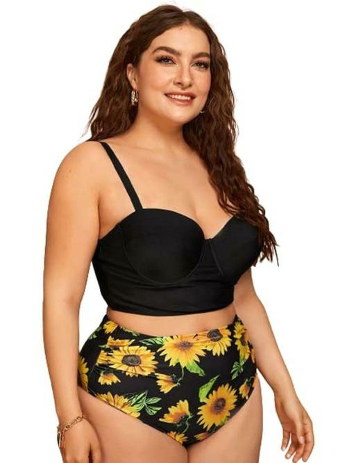 Plus Curvves Plus Size Sexy Sun Print High Waist Bikini - 5XL Black