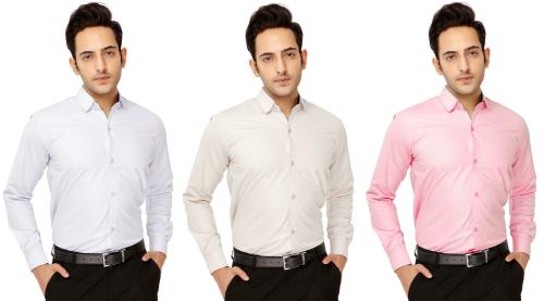 Kundan White, Cream, Pink Cotton Blend Solid Men Pack of 3 Formal Shirts
