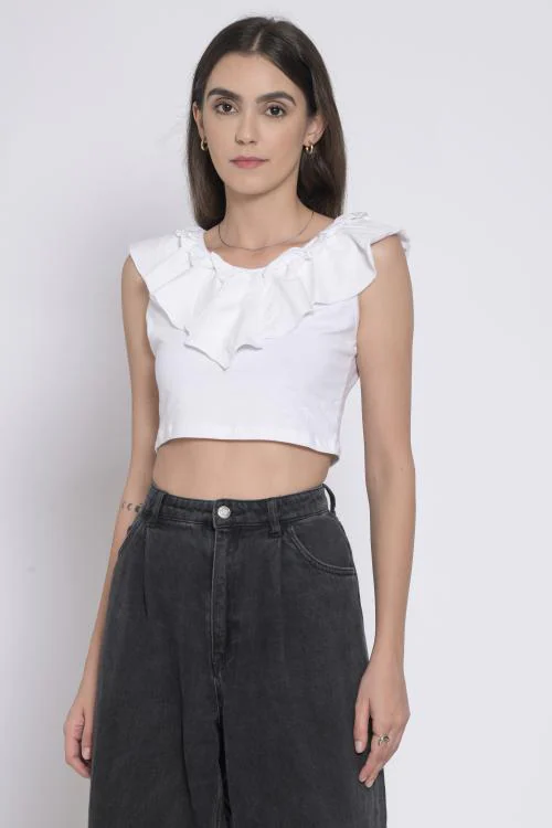Tinted Cotton Lycra Women White Crop Top