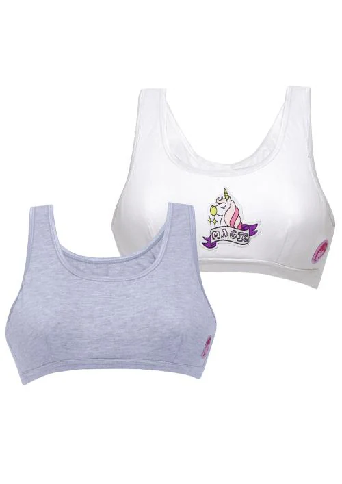 Dchica Girls Set Of 2 Non Wired Non Padded Beginner Bras White with Unicorn Patch & Melange/Grey
