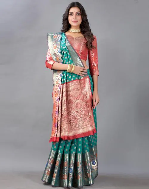 Satrani Women'S Rama and Golden Paithani Jacquard Silk Saree | sarees for Women| saree | sarees