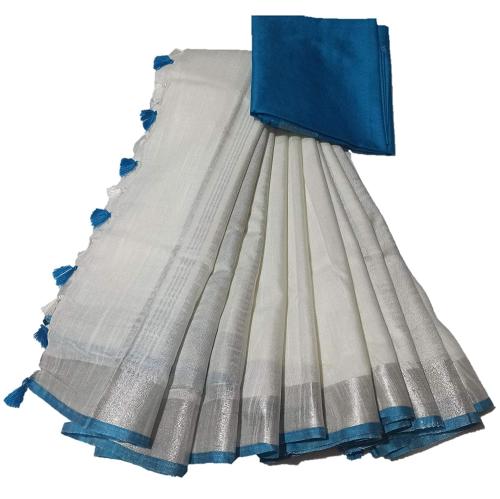 Radiant Fashion Women Silver Linen Slub Saree with Contrast Blouse