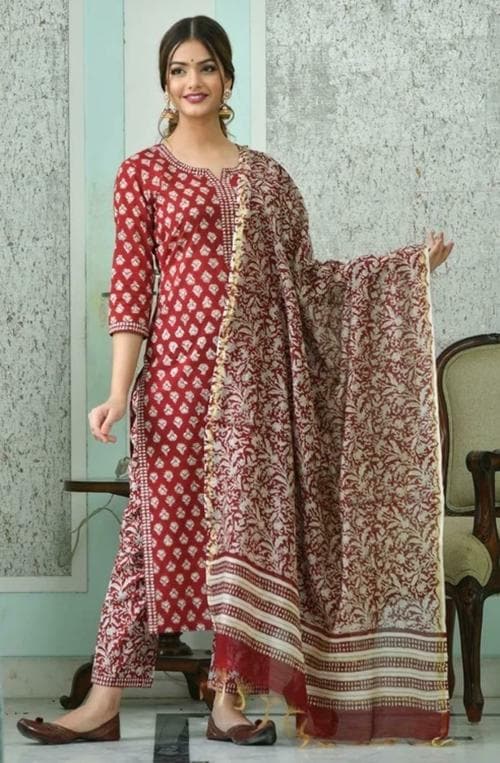 Nermosa Women Maroon Printed Viscose Rayon Kurta And Pant Set | Kurta Set Women