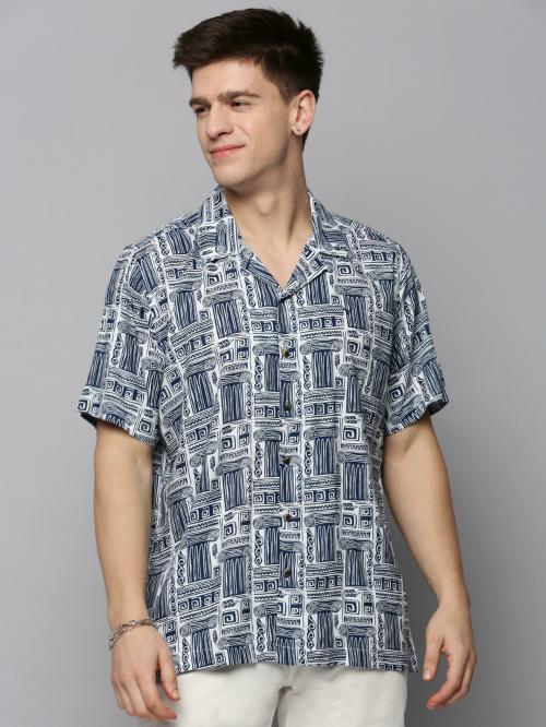 SHOW OFF Men's White Printed Viscose Rayon Shirts