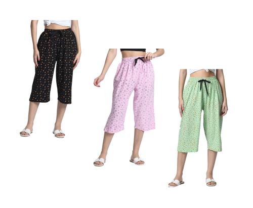 KAYU Women Soft Cotton Printed Loose Capri 3/4th Pants (Pack of 3)