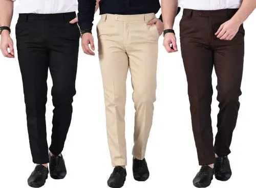 AD & AV Men Black Solid Synthetic Pack Of 3 Formal Trousers