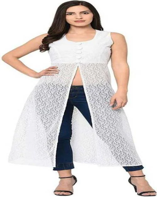 Shirak Women White Self Design Net Frontslit Kurta - M