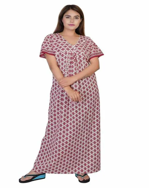 Buy DEEPSUNG(D. S) Women's Cotton Block Print Maxi Nighty 07 Online at