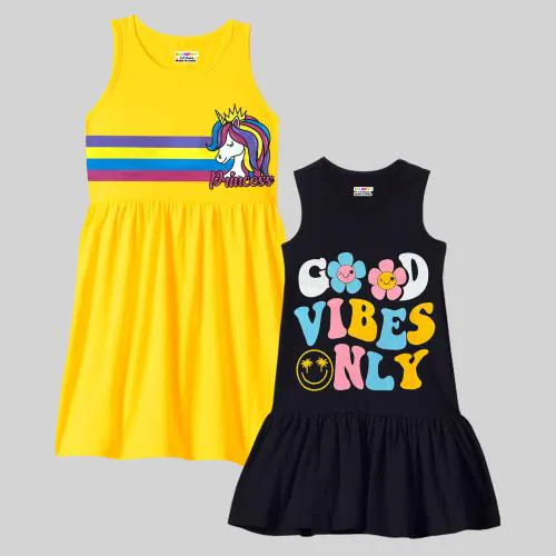 KUCHIPOO Girls Regular Fit Cotton Frocks KUC-DRS-104, Multi-Colored Pack of 2