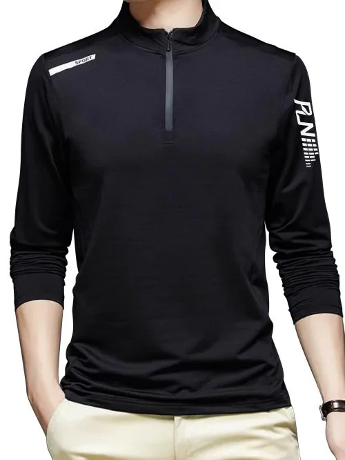 Jump Cuts Mens Half Zip Printed High Neck Full Sleeve Black, White Polyester Slim fit Tshirt