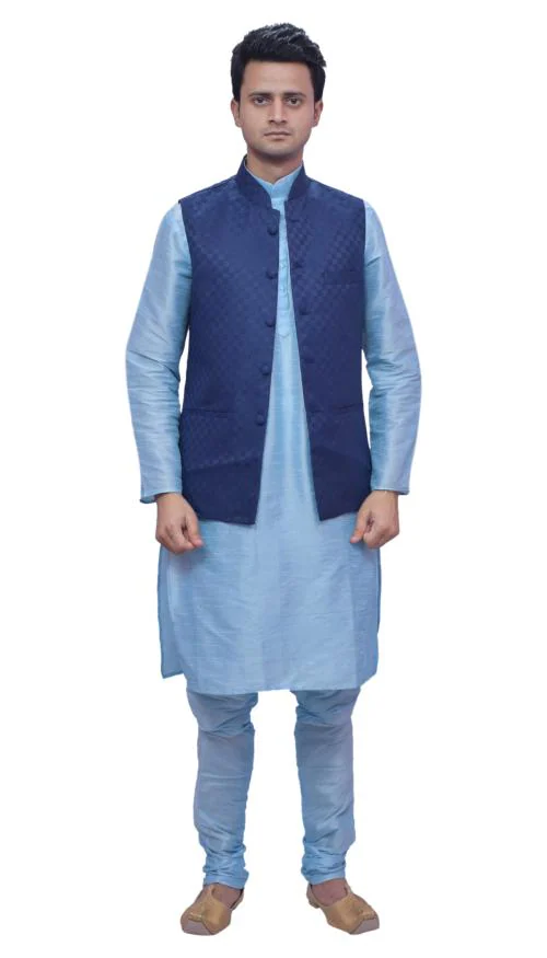 MAG Men's Sky Blue Matching Kurta Churidhar with Designer Blue Waistcoat