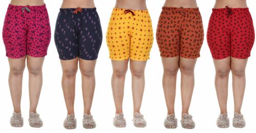 MUKHAKSH (Pack of 5 Pieces) Women Ladies Girls Cotton Multicolour Shorts Nightwear Night Shorts, Print may Vary