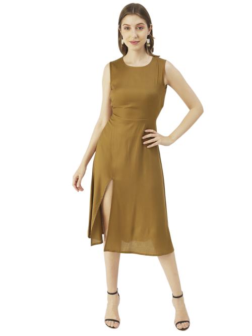 Moomaya Solid Stylish Back Dress, Front Slit Calf Length Dresses For Women
