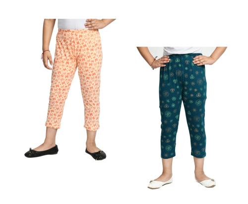 IndiWeaves Girls Cotton Printed Capri 3/4th Pants Summer Wear [Pack of 2]