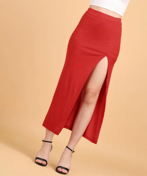 Popwings Women Casual Red Long Slit Self Design Rib Skirt | Long Skirt | Solid Design Skirt | Western Wear Skirt | Casual Skirts | Trendy Skirts