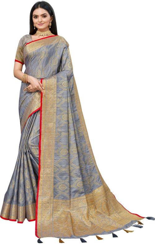 Ashika Women Grey Printed Pure Silk Saree with Unstitched Blouse Piece