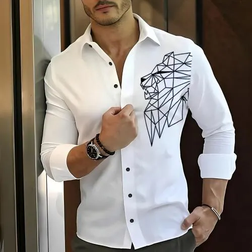 BINAYAK Stylish Men's Printed Shirts - Trendy Lion Art on White Cotton | Full Sleeves