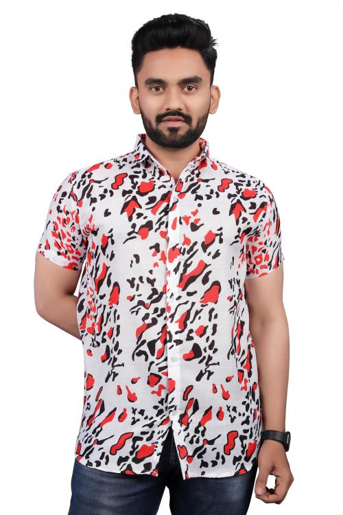 UPPERS Men White, Red Printed Cotton Blend Casual Shirt (Xl)