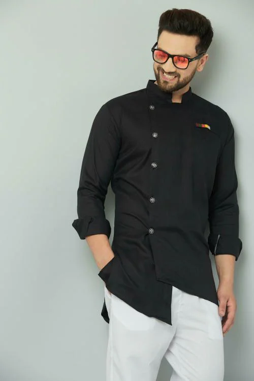 Benstitch Men Black Solid Cotton Blend Asymmetric Kurta (Xxl)