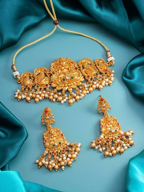 AADITA Goldplated Brass Earring & Necklace Set (Multi Color) For Women