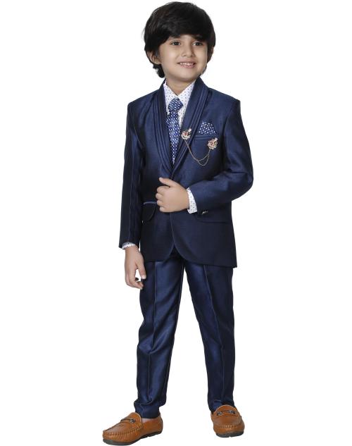 Dkgf Fashion Boys Dark Blue Self Design Cotton Blend 4 Piece Shirt Trouser, Coat And Tie
