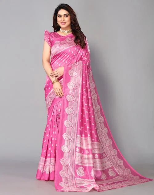Siril Poly Silk Pink & Off-White Color Saree With Blouse Piece | sarees for Women| saree | sarees