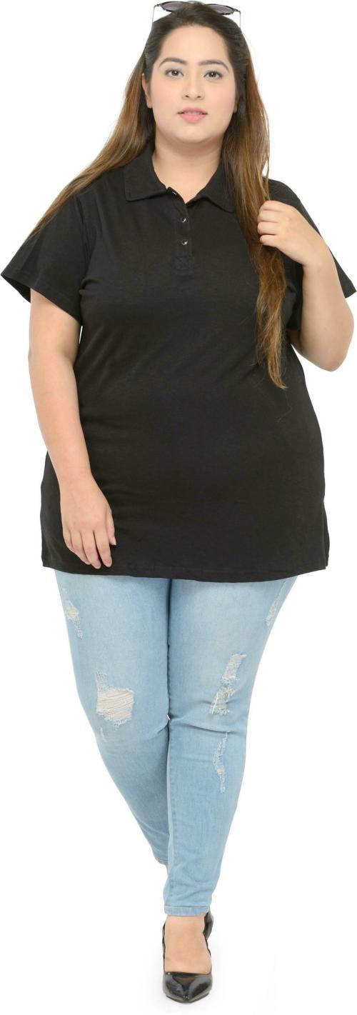 Pluss Women Black Solid Cotton Blend Casual Regular Sleeve Top