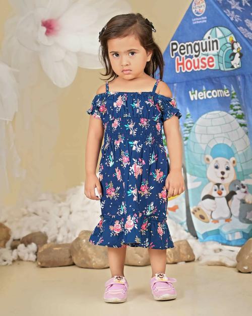 HALFSAREE STUDIO Blue Floral Print Cotton Stylish Baby Frock