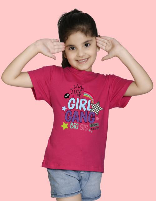 NUSYL Girls Half Sleeves Pink Girl gang printed T-shirt