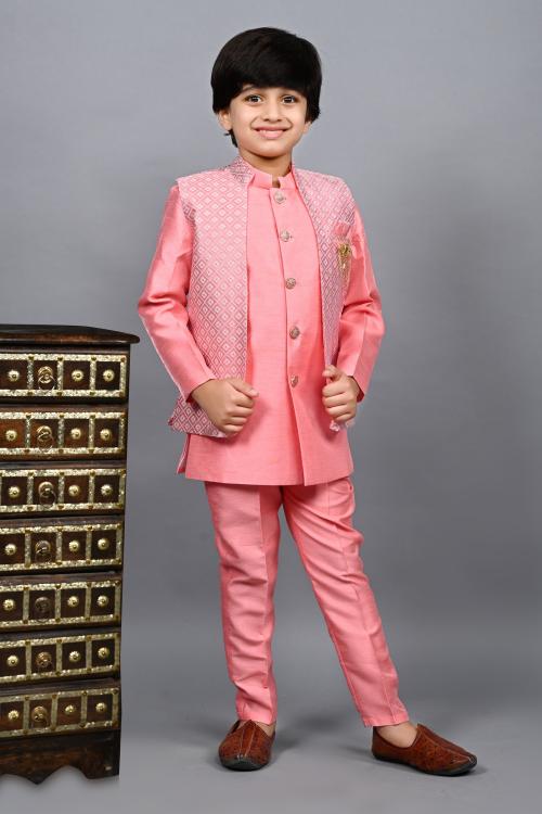 Ahhaaaa Kids Ethnic Silk Blend Zari Work Indo-Western Sherwani Set for Boys