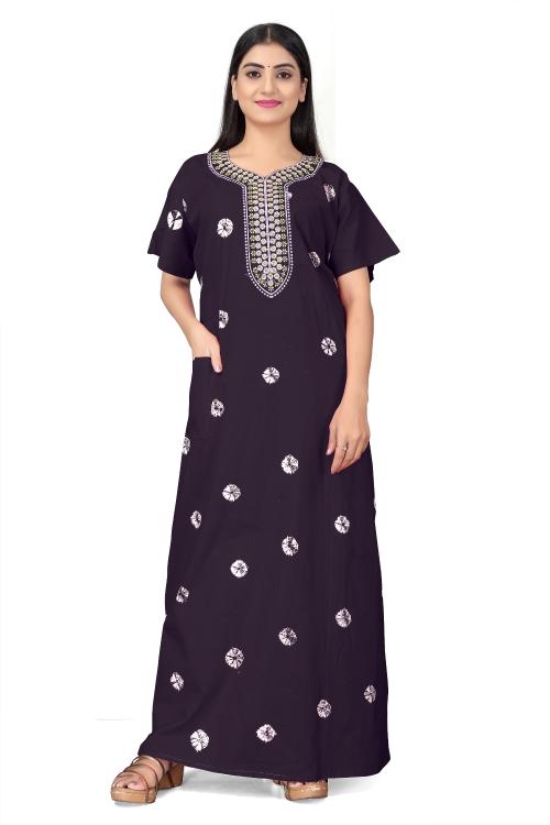 HAUTELOOK Stylish Women's Pure Cotton Nighty Gown with Fancy Bandhej Design Long Gala Flower Embellishments and Convenient Pocket Purple(3XL)