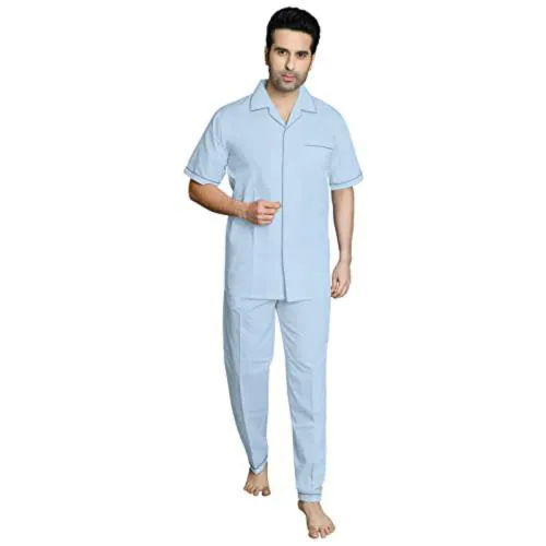 TATWAM Men Light Blue Cotton Nightsuit