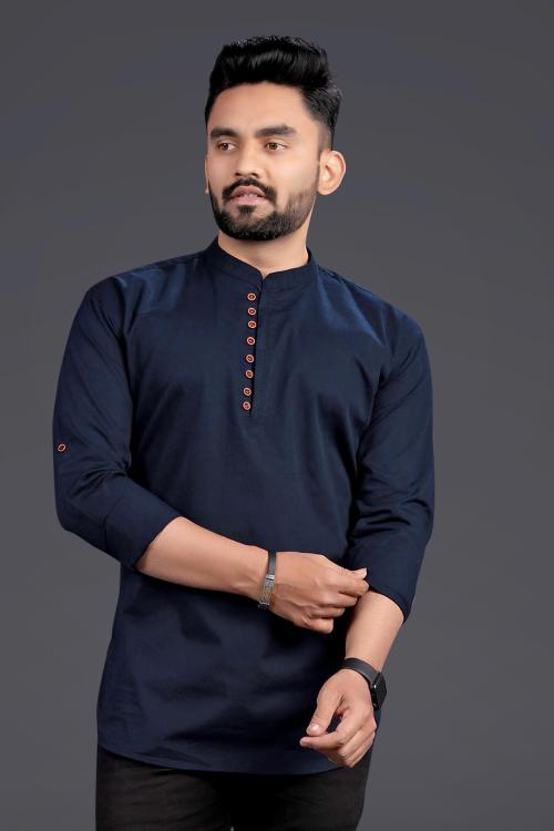No Filter Men Solid Cotton Blend Straight Kurta (Dark Blue)