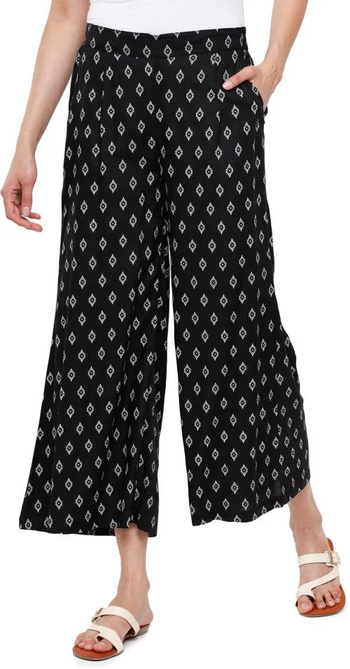 De Moza Women Black Printed Viscose Rayon Regular Fit Trousers (Xl)