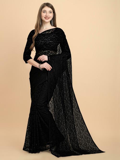 IRIS Women Black Embellished Net Saree With Blouse
