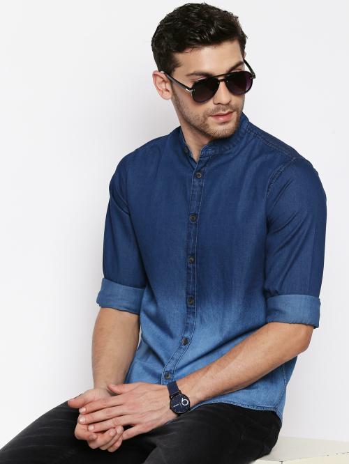 Dennis Lingo Men's Slim Fit Pure Cotton Ombre Full Sleeves Casual Shirt (D-Blue Ombre)