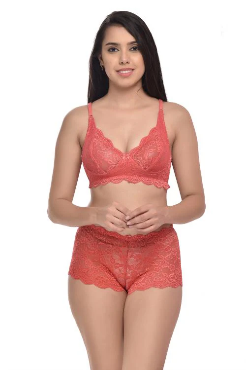 PIBU -Women Net Bra Panty Set for Lingerie Set ( Pack of 3 ) ( Color : Red,Yellow,Pink )