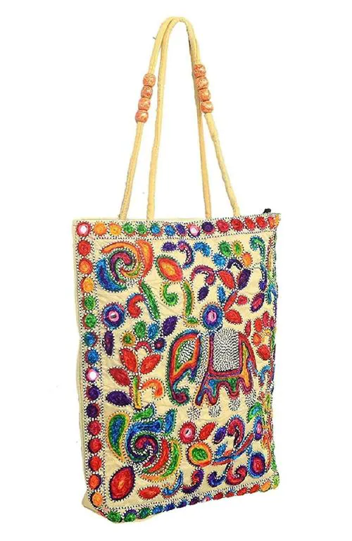 Kuber Industries Womens Cotton Embroidery Shoulder Bag Beige