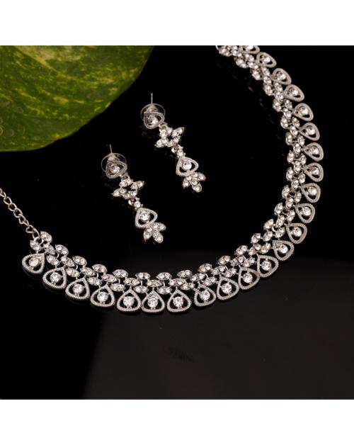 Kord Store Classic Design White AD Studded Rhodium Plated Necklace Set For Women/Girls