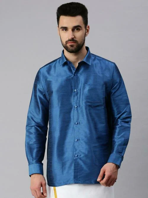 Ramraj Men Blue Full Sleeve Solid Spread collar Polyester Shirt & Dhoti Set.